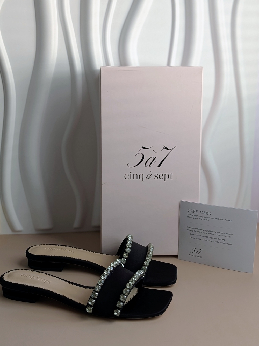 Cinq à Sept Catherine Crystal Satin Slide Sandals Black EU 38 US 8 NIB